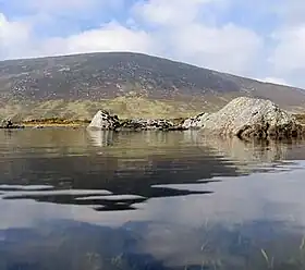 Photographie couleur du Cloghernagh derrière un lac sombre