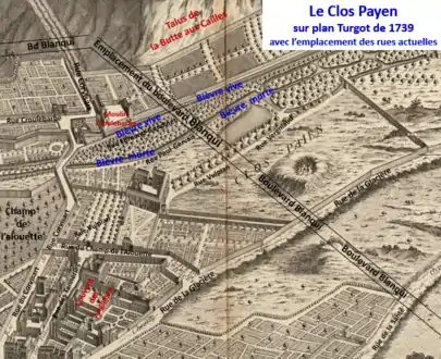 Le clos Payen sur le plan de Turgot de 1739.