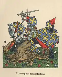 Gustav Adolf Closs, Saint George et le dragon (1937), illustration d'une page de garde d'un livre sur l'héraldique.