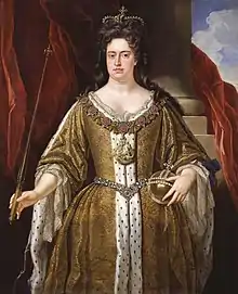 Portrait d'une femme vêtue d'une robe dorée doublée d'hermine, coiffée d'une couronne et tenant un sceptre à la main