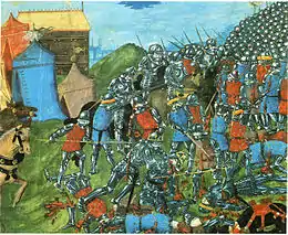 Miniature montrant des soldats en armure se battre et notamment un roi en tuant un autre.