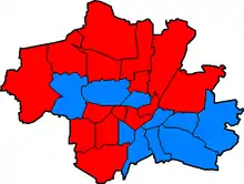 Carte bicolore (rouge/bleu) de Munich en fonction de l'équipe préférée de chaque quartier.