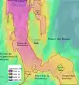 Carte topographique représentant différents paliers d'altitude au sein de la cluse et de ses alentours.