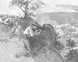 Mineurs de charbon tirant vers le fort Anderson depuis une colline durant la guerre de Coal Creek (1891-1892) dans le comté d'Anderson (Tennessee).