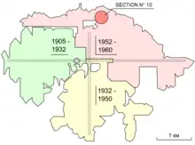 Au centre, un point gris d'où partent quatre voies représentant l'accès au puits de remontée et les voies de circulation principales de la mine. À gauche, l'ouest de la mine est représenté en vert, car exploité à partir de l'ouverture de la mine et jusqu'en 1932. Au sud, la zone en jaune est exploitée entre 1932 et 1950. Au nord, au nord-est et à l'est figure la zone rouge, exploitée de 1952 à 1960, et majoritairement touchée par l'accident. La section expérimentale n° 10 est représentée par un point rouge au nord-nord-ouest.
