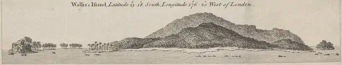 Gravure montrant une île assez plate, avec des îlots où se trouvent des palmiers.