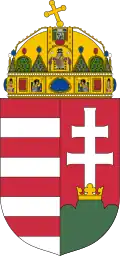Armoiries actuelles de la Hongrie, à gauche, les bandes horizontales de la dynastie Árpád : quatre d'argent et quatre de gueules, à droite, trois collines de sinople surmontées d'une double croix d'argent sur fond de gueules, dont la base est entourée par une couronne d'or placée sur la colline du milieu, la plus haute des trois.