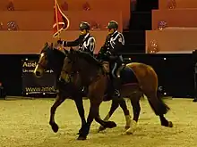 Dans une carrière intérieure de gala, deux policiers en uniforme se déplacent au trot sur leur monture, l'un des policiers tenant un drapeau à la main.