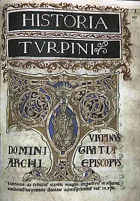 Turpin en couverture de la Chronique de Turpin(Codex Calixtinus, vers 1150).