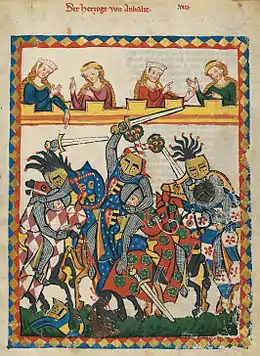 Miniature médiévale représentant des chevaliers se battant lors d'un tournoi.