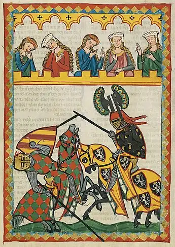Cinq dames spectatrices d'un tournoi dans lequel un chevalier brise sa lance en blessant à la tête son adversaire qui tombe.