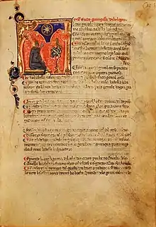 Image d'une page couleur brun clair avec en haut sur le coin gauche un dessin coloré de forme carrée avec des motifs rouges et bleus, sur le reste un texte calligraphique en latin, titre et première lettre de ligne en rouge, reste en noir