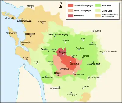 Carte des différentes zones de production du Cognac et du Pineau dans les deux Charentes : Saint-Georges-de-Didonne est en bois ordinaires