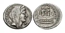 En haut, denarius daté de 42 av. J.-C. À l'avers, le buste voilé de la Concorde. Au revers, deux statues de Vénus se tiennent sur une plateforme avec une balustrade.En bas, Dessin du sanctuaire par Christian Hülsen, 1906.