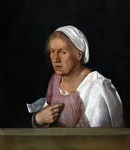 Peinture (fond noir). Portrait en buste, vue de trois quart, d'une vieille femme.