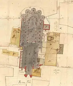 Plan ancien de la basilique, à laquelle sont adossés plusieurs bâtiments