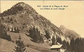 Carte postale ancienne avec le chalet de la Plagne du Mont, col d'Ubine et mont Chauffé.