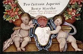 Armoiries de la chartreuseSainte Marthe domptant la tarasque(collectaire à l'usage de la chartreuse, 1687.)