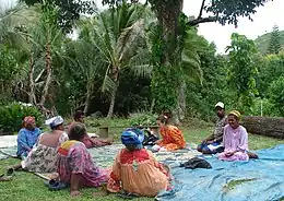 Séance de préparation du dictionnaire zuanga-yuanga au village de Paimboa, en Nouvelle Calédonie, 2010. Des locutrices et locuteurs sont assis en cercle. Isabelle Bril, vêtue d'une robe orange, regarde l'écran d'un ordinateur.