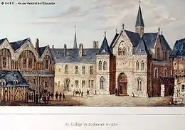 Gravure colorisée montrant les bâtiments de la Sorbonne au sein de leur quartier.