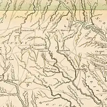 Une carte montrant la disposition des fleuves, des maisons et des colonies dans le comté de Bute en Caroline du Nord.