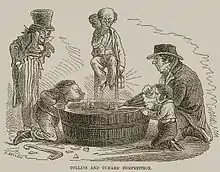 Caricature représentant un baquet d'eau où se trouve deux voiliers miniature. Deux personnages tentent de faire avancer leur embarcation avec un soufflet ou en soufflant dessus sous le regard d'Oncle Sam et de John Bull. Un homme circonspect est assis sur une chaise haute et observe la compétition.