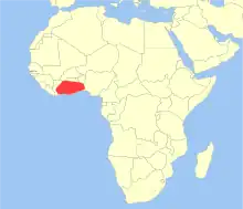 Carte de l'Afrique avec une zone rouge tout au sud de l'Afrique de l'Ouest