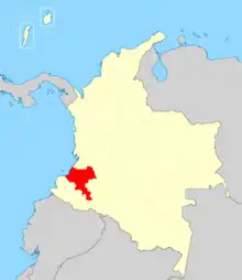 Carte des limites administratives de Colombie. Le pays est en blanc sur fond bleu de la mer et pays voisins grisés. Le département de Cauca est en rouge.