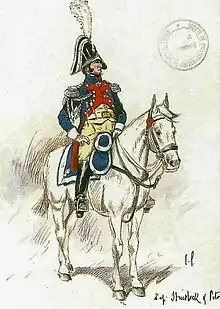 Un officier en uniforme, coiffé d'un bicorne, la main sur la hanche et monté sur un cheval blanc.