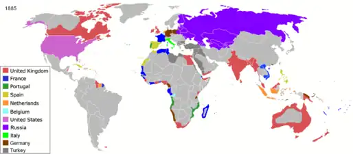 Empires coloniaux occidentaux en 1885.