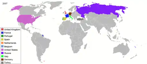 Vestiges des Empires coloniaux[pertinence contestée] en 2007.