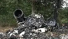 Photo de la partie arrière de l'avion, carbonisé et en morceaux après l'incendie ayant résulté de l'accident.