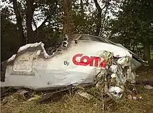 Photo de la partie avant de l'avion, presque entièrement détruite après l'accident et l'incendie.
