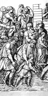 Gravure de la colonne Trajane représentant une scène de la guerre des Daces : la retraite des Daces.