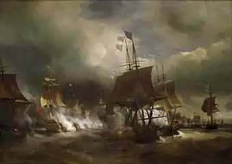 La bataille d’Ouessant, le 27 juillet 1778, premier grand combat naval de la guerre d'Amérique à laquelle participe le Robuste. (Tableau de Théodore Gudin)