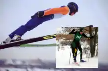Deux images : l'un représentant un sauteur à ski en plein vol (à gauche), l'autre un fondeur.