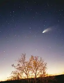 Un ciel terrestre étoilé, au bas un arbre se détache sur des lueurs à l'horizon, une comète et ses traînées filent en haut à droite.