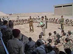 Les officiers de la 4e brigade, 6e division donnent leurs ordres avant un assaut aéromobile au sud de Bagdad en juin 2007.
