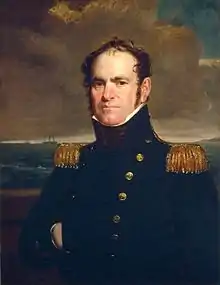 Tableau représentant John Rodgers en uniforme devant un paysage maritime