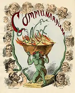Diable entouré de parisiens et portant sur ses épaules un bol contenant Paris en flammes. Communardiana par Nix, série de dessins de Demare contre la Commune de Paris (1871)