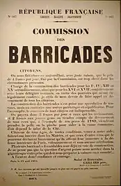 Affiche de la Commission des barricades, signée Gaillard père, pour mobiliser la population à la construction des barricades dans Paris.