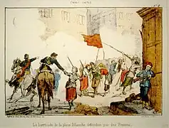 La barricade de la place Blanche défendue par des femmes lors de la Semaine sanglante, qui marque la fin de la Commune de Paris en 1871. Lithographie d'Hector Moloch, musée Carnavalet, Paris, XIXe siècle.