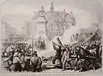 Gravure de juillet 1871 représentant la guillotine brûlée aux pieds de la statue de Voltaire par des parisiens et des communards le 6 avril.