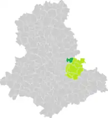 Carte montrant les limites de communes, le canton de Saint-Léonard-de-Noblat en vert clair et la commune de Saint-Martin-Terressus en vert foncé, au centre-est du département.