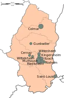 Carte du Haut Rhin, qui représente ses communes de plus de 10 000 habitants.