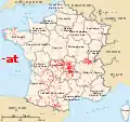 Terminaisons en -at, issues de -acum uniquement en Auvergne, Limousin et centre est.