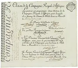 Action de la Compagnie Royale d'Afrique de 1.000 livres émise à Marseille le 30 décembre 1790. La création de la Compagnie coloniale en 1741 par le roi Louis XV ne s'est faite que grâce à l'initiative du ministre Jean-Frédéric Phélypeaux, comte de Maurepas, après que celui-ci eut confié à la Chambre de commerce de Marseille un rôle important dans la constitution du capital de la Compagnie et dans sa gestion. La Compagnie Royale d'Afrique, qui exista jusqu'en 1794, fut la seule compagnie d'Ancien Régime à distribuer des dividendes à ses actionnaires grâce à son monopole sur l'Algérie pour le blé et le corail.