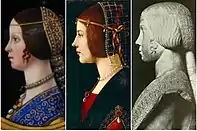 Le Portrait d’une Dame de Ambrogio de Predis de l’Ambrosiana (au centre): traditionnellement attribué à Béatrice, mais les traits du visage très différents de ceux connus, ainsi que l’absence du coazzon, détournent l’attention de cette idée. Aujourd’hui, il est principalement identifié comme un portrait d’Anna Maria Sforza.