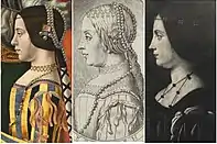 Dans la gravure de Carracci, les vêtements et les bijoux sont tirés de Pala Sforzesca, mais l’expression est plus similaire au prétendu portrait de Predis.