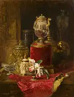 Composition avec verseuse en cristal de roche, chope en ivoire, coupe en serpentine et orchidée, Blaise Alexandre Desgoffe (1830-1901).